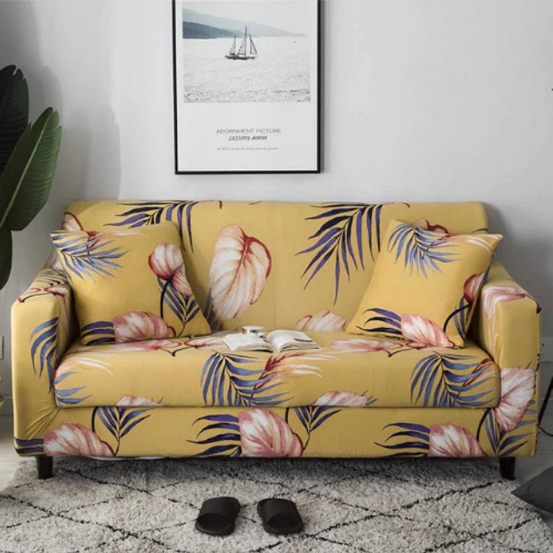 yellow-floral-palm-leaf-sofa-couch-cover